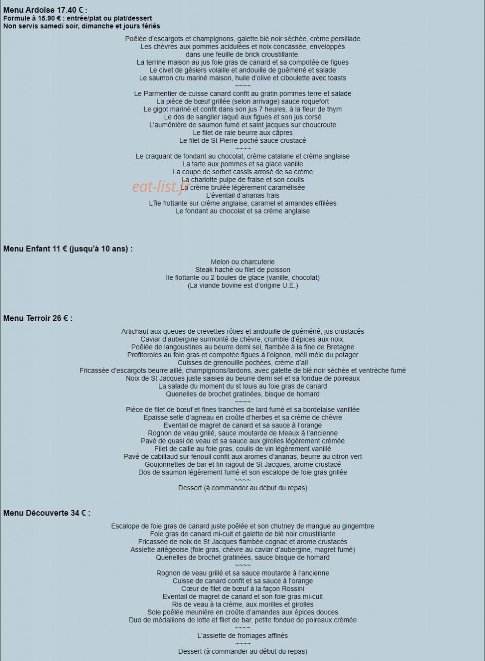 L'Auberge Saint Louis — carte page 1