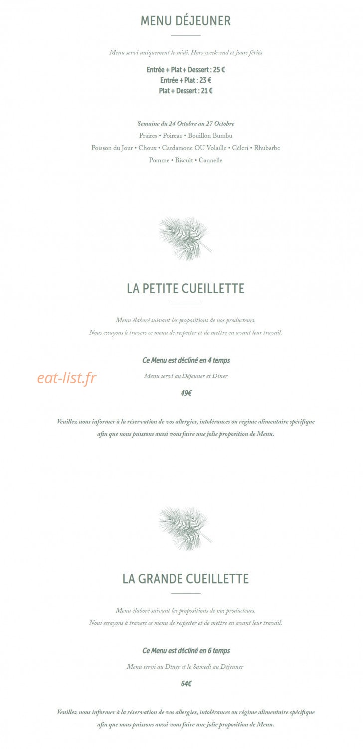 Cueillette Restaurant — carte page 1