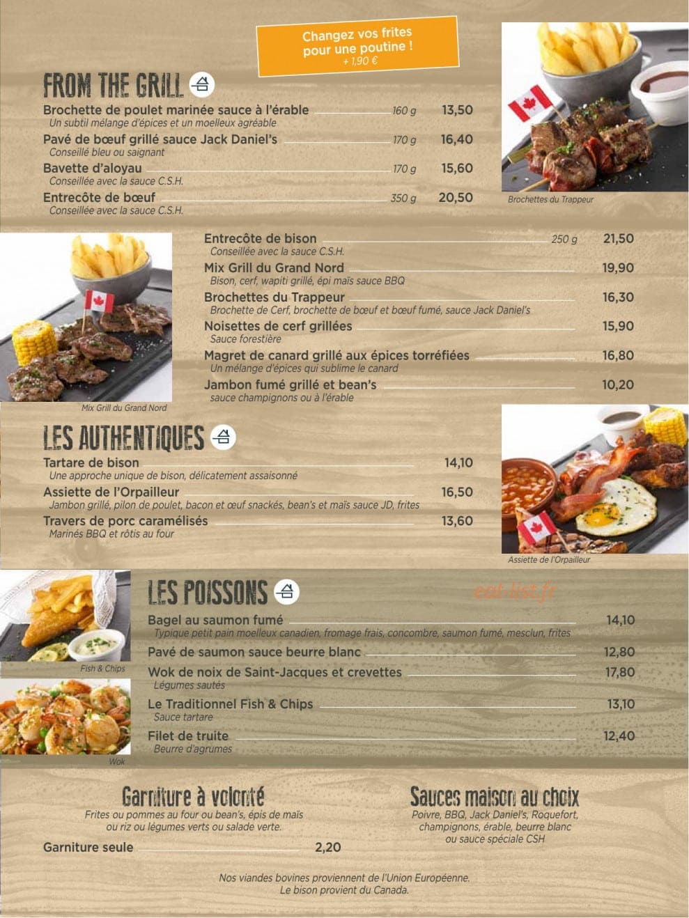 Carte et menu de Canadian Steak House à La Meziere — Poissons, grillades, sauces,...