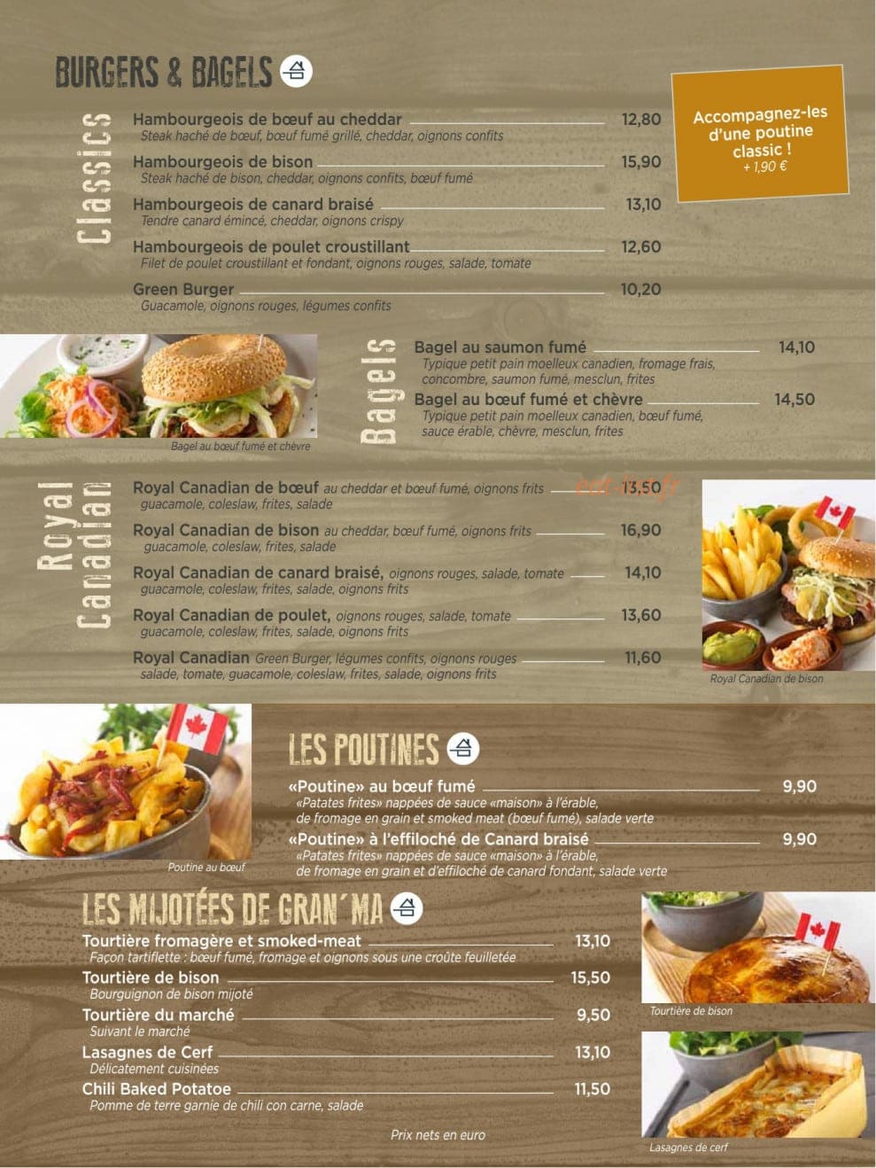 Carte et menu de Canadian Steak House à La Meziere — Poutines, burgers, bagels,...
