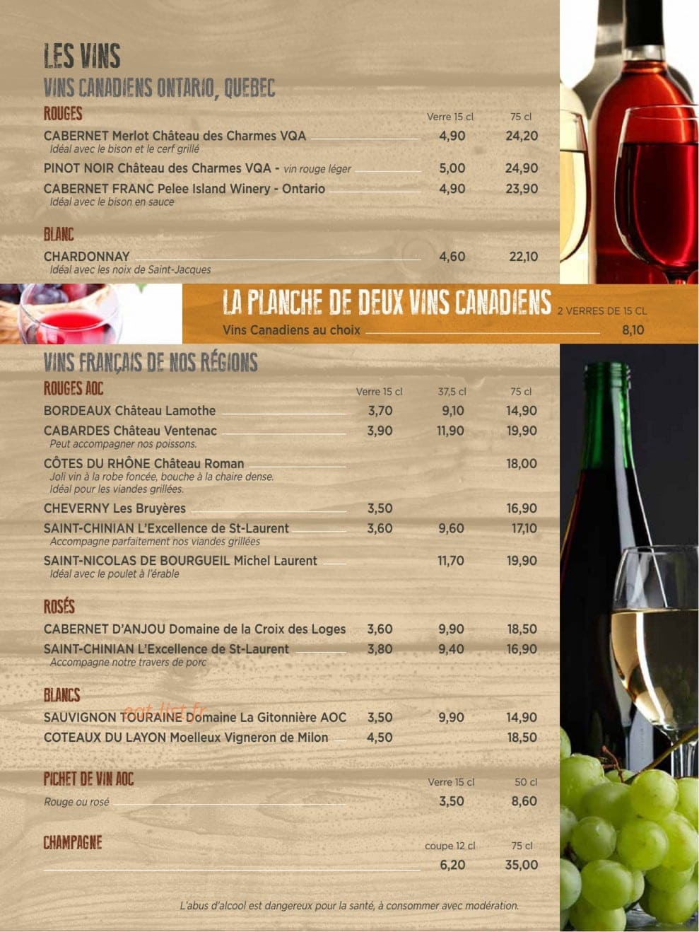 Carte et menu de Canadian Steak House à La Meziere — Vins