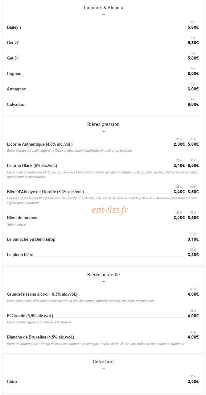 Le Comptoir de La Licorne — carte page 13