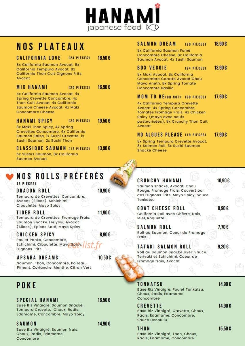 Hanami Sushi — carte page 1