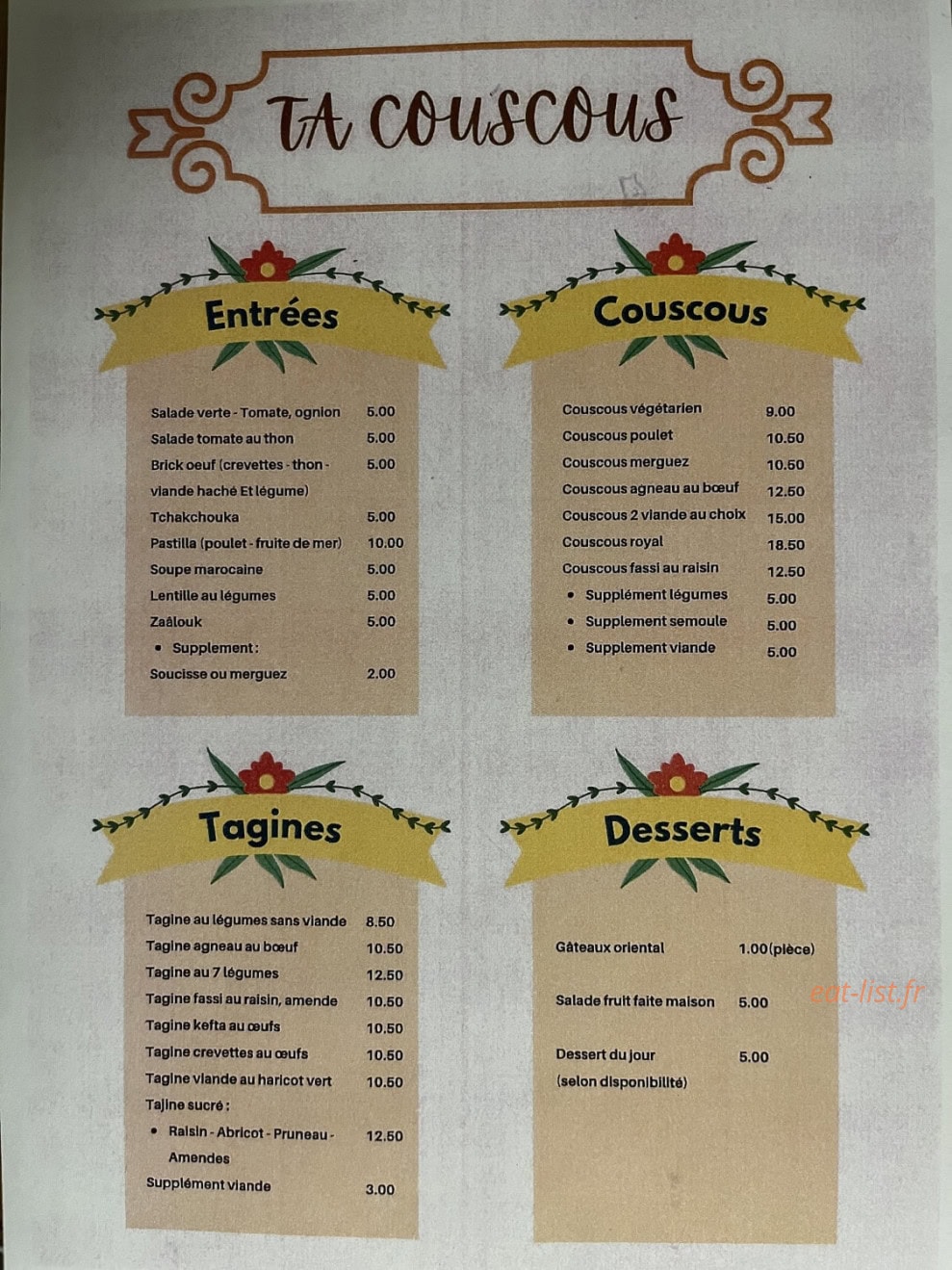 Ta Couscous — carte page 1