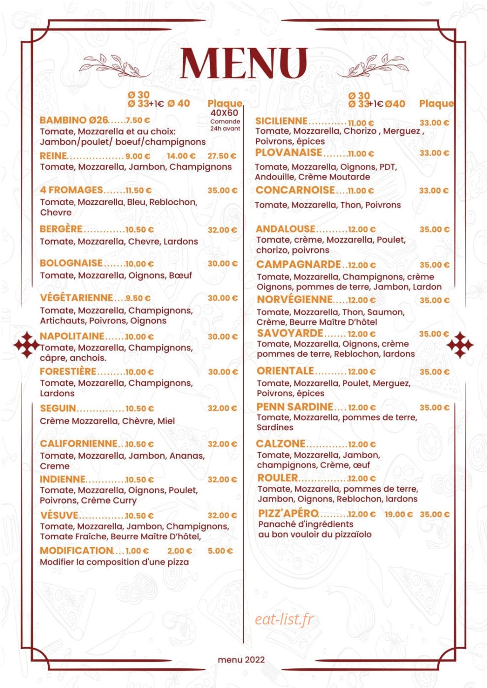 Stev's pizz — carte page 1