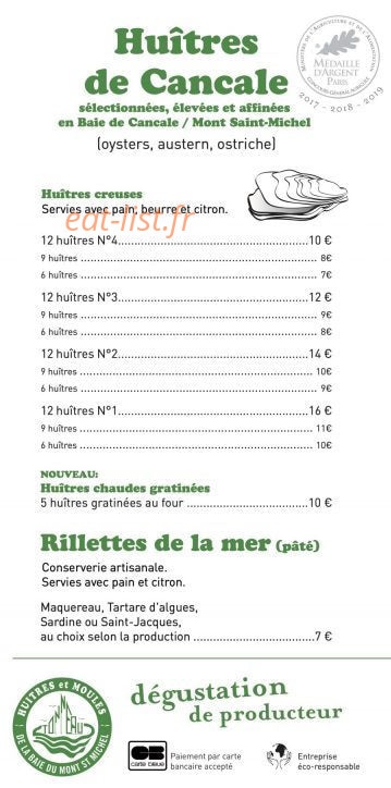 Carte et menu de La Dégustation Tonneau à Le Vivier sur Mer — Huîtres et rillettes