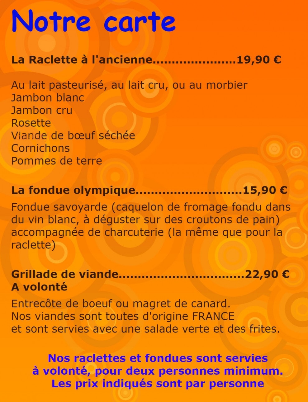 La Raclette à l'Ancienne — carte page 1