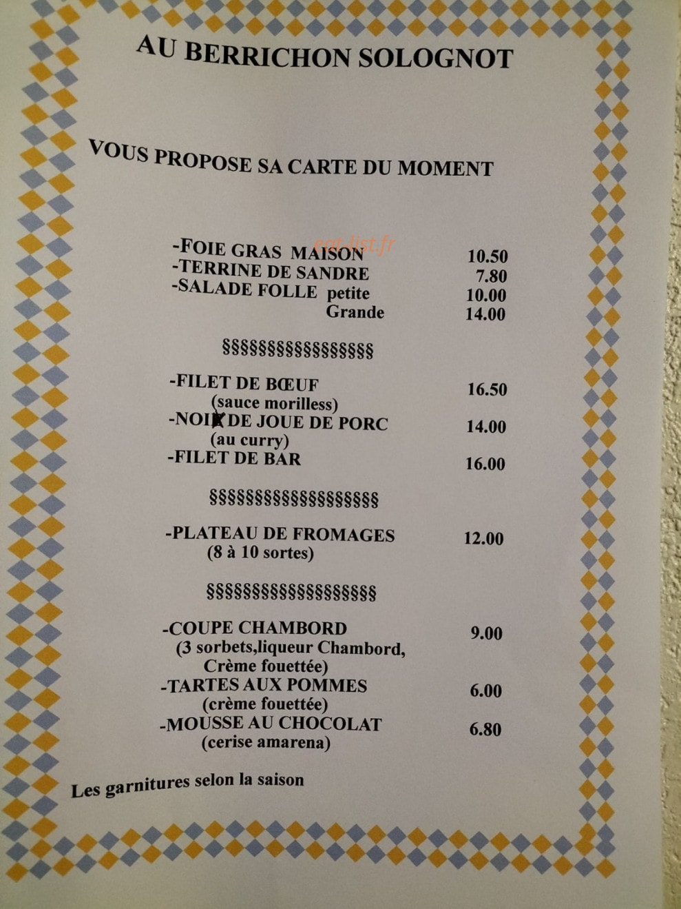 Au Berrichon Solognot — carte page 1