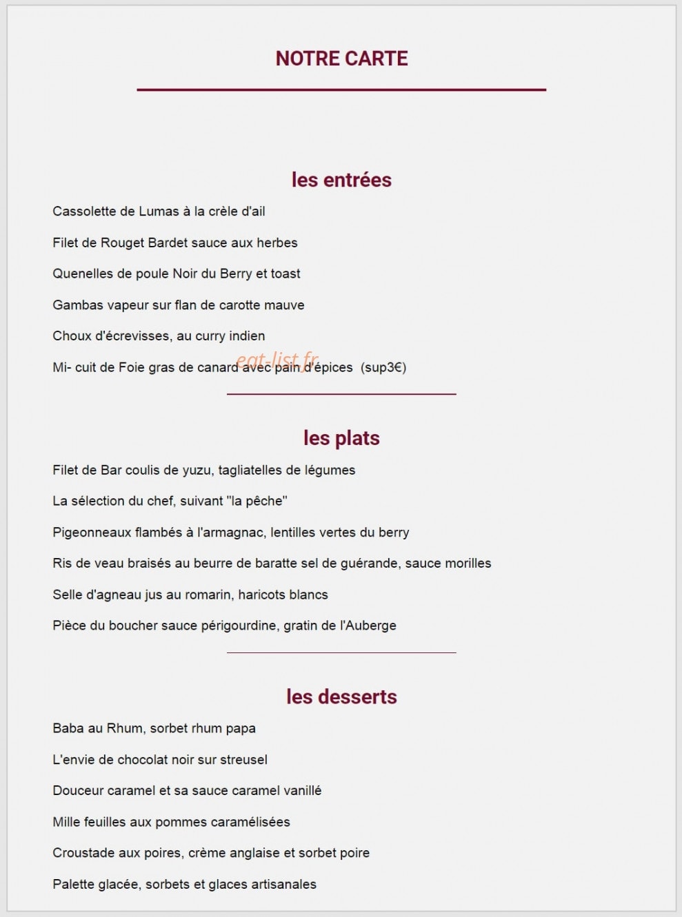 L'auberge à l'escargot — carte page 1