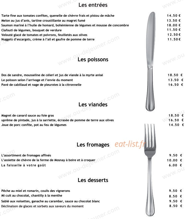 Carte et menu de Auberge Saintt Fiacre à Veuil — Les entrées, poissons,....