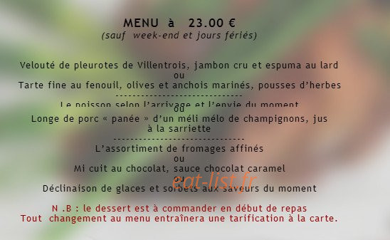 Carte et menu de Auberge Saintt Fiacre à Veuil — Le menu à 23€