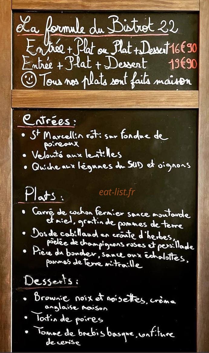 Bistrot 22 — carte page 1