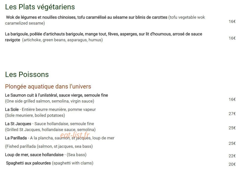 Menu Le 16 Jean-Jau - Les plats végétariens et les poissons 