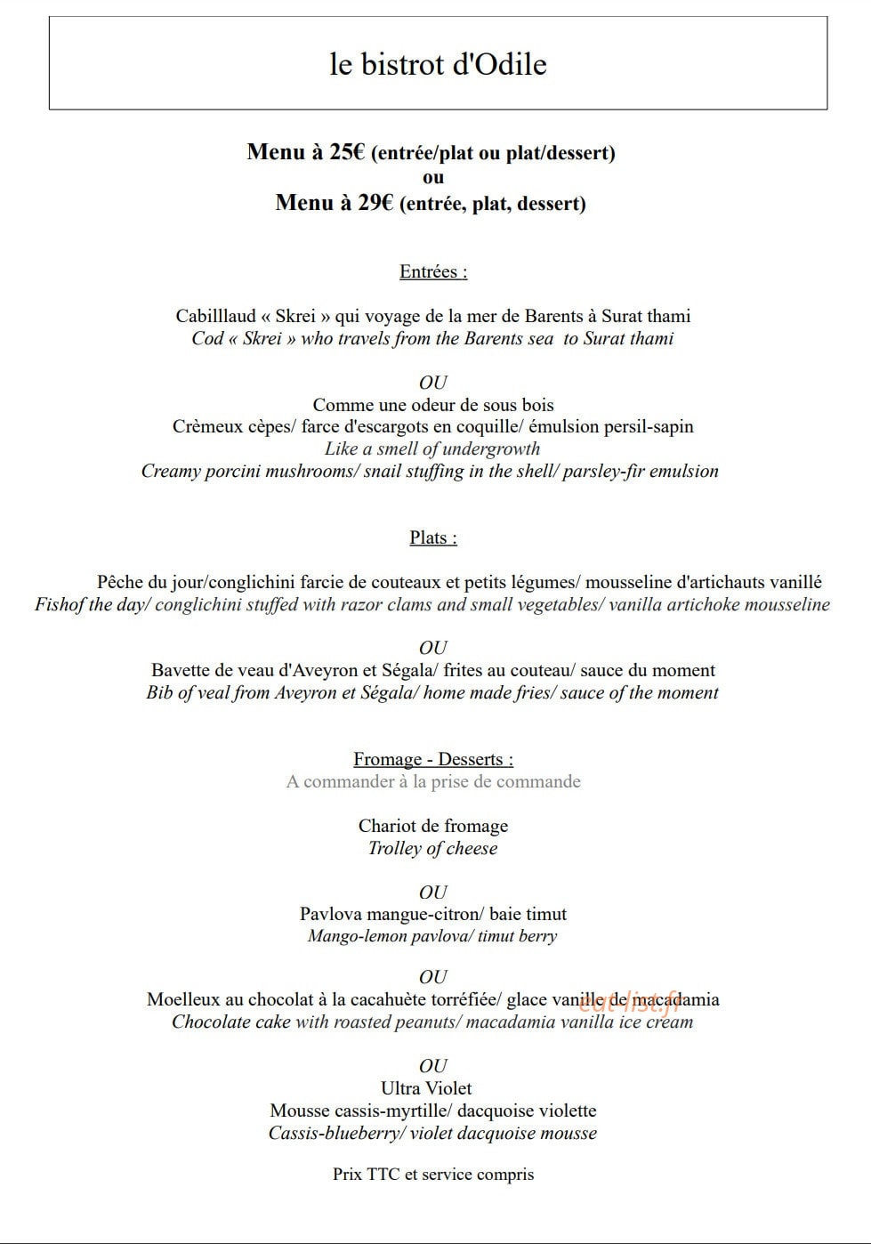 Le Bistrot d'Odile — carte page 1