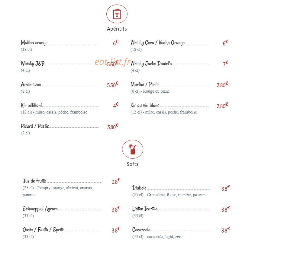 Carte et menu de Les Bonnes Grillades à Tours — Apéritifs, softs
