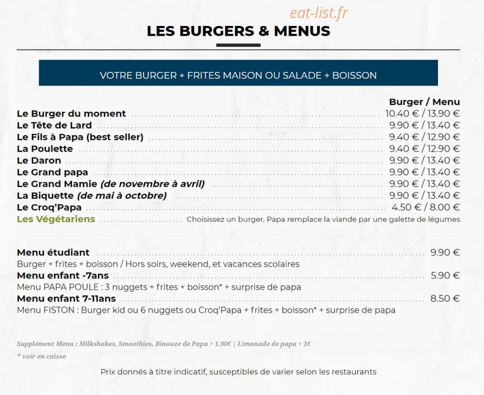 Les burgers de papa — carte page 2