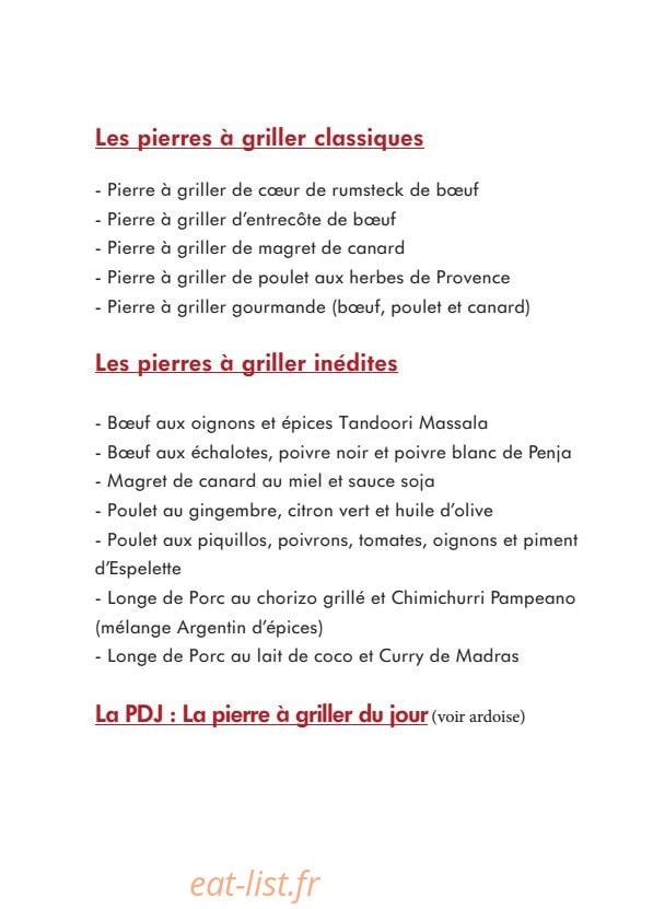 Carte et menu de Les Pierres Fondues à Tours — Les pierres à griller