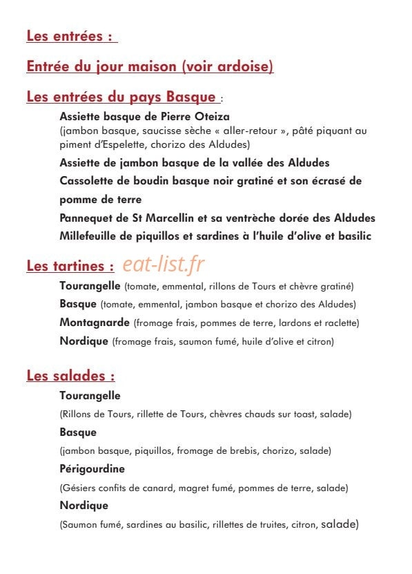 Carte et menu de Les Pierres Fondues à Tours — Les entrées, les tartines et salades