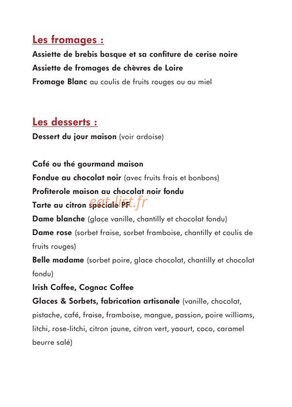 Carte et menu de Les Pierres Fondues à Tours — Les fromages et desserts