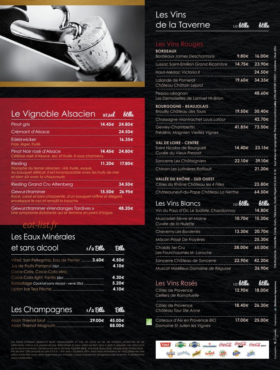 Menu Les Relais d'Alsace - Les vins, champagnes, eaux,....