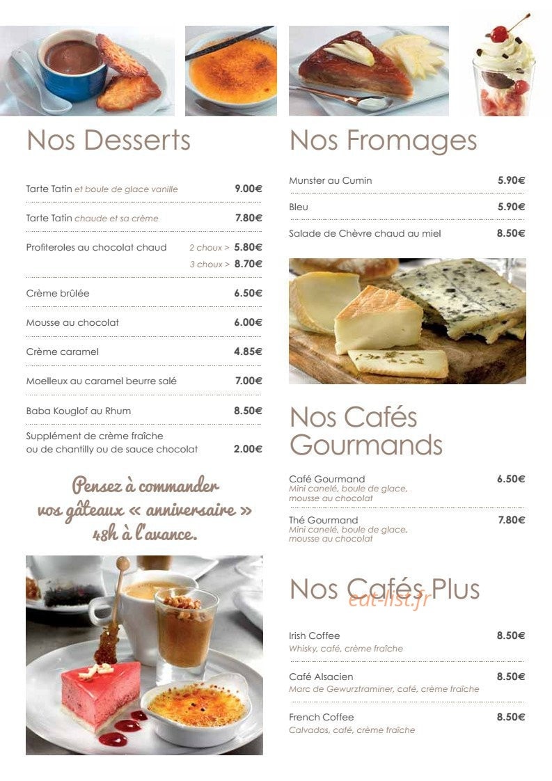 Menu Les Relais d'Alsace - Les desserts, fromages et café