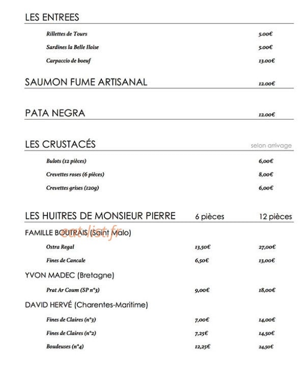 Carte et menu de Monsieur Pierre. à Tours — les entrées et crustacés,...
