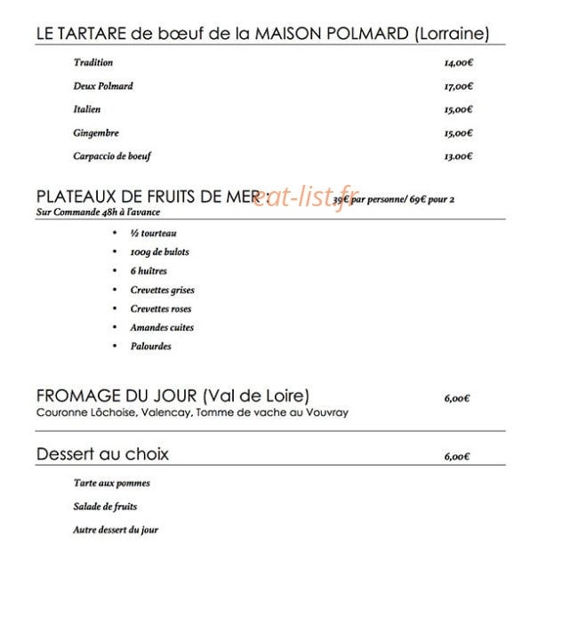 Carte et menu de Monsieur Pierre. à Tours — les plateaux et desserts,...