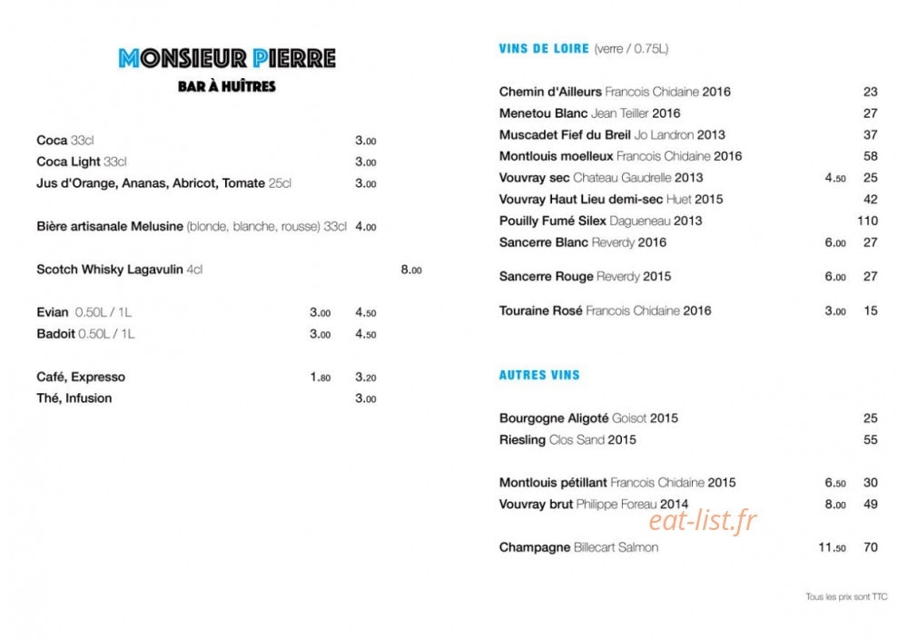 Carte et menu de Monsieur Pierre. à Tours — les vins