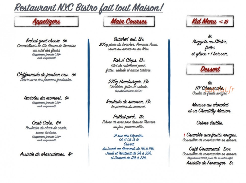 N.Y.C Bistro — carte page 1