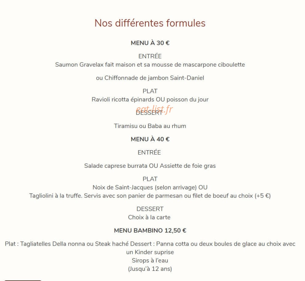 Carte et menu de Ristorante Enoteca Italiana à Tours — Les formules