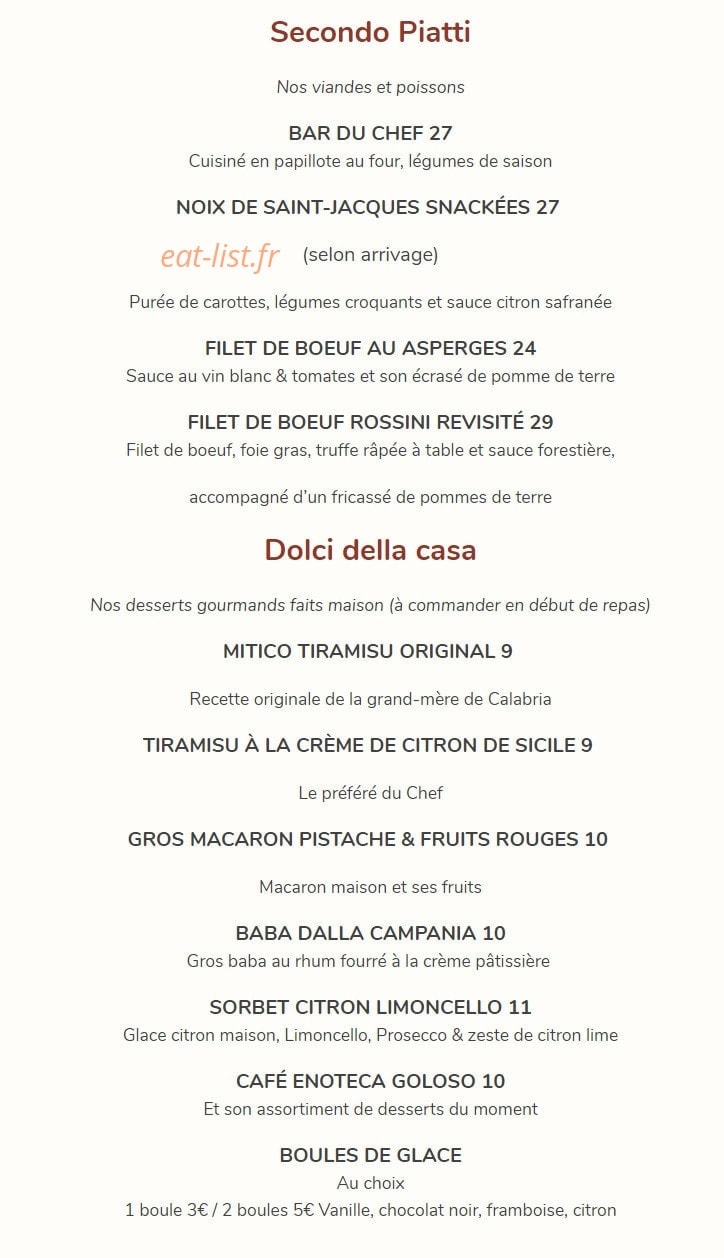 Carte et menu de Ristorante Enoteca Italiana à Tours — Les viandes, poissons et desserts