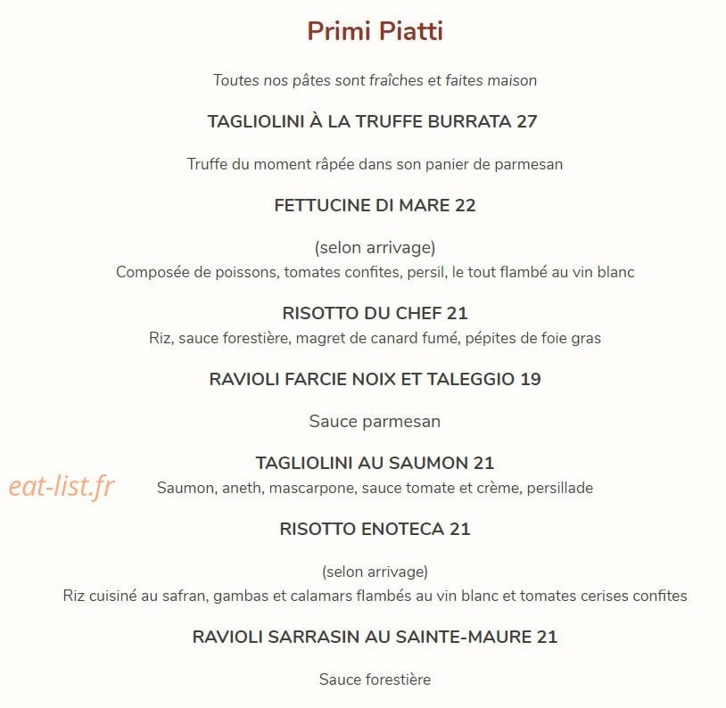 Carte et menu de Ristorante Enoteca Italiana à Tours — Les pates
