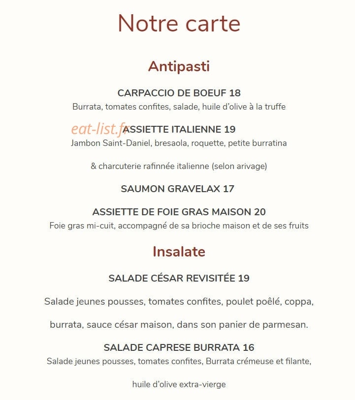 Carte et menu de Ristorante Enoteca Italiana à Tours — Les entrées et salades