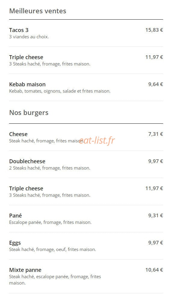 Zir Food — carte page 1