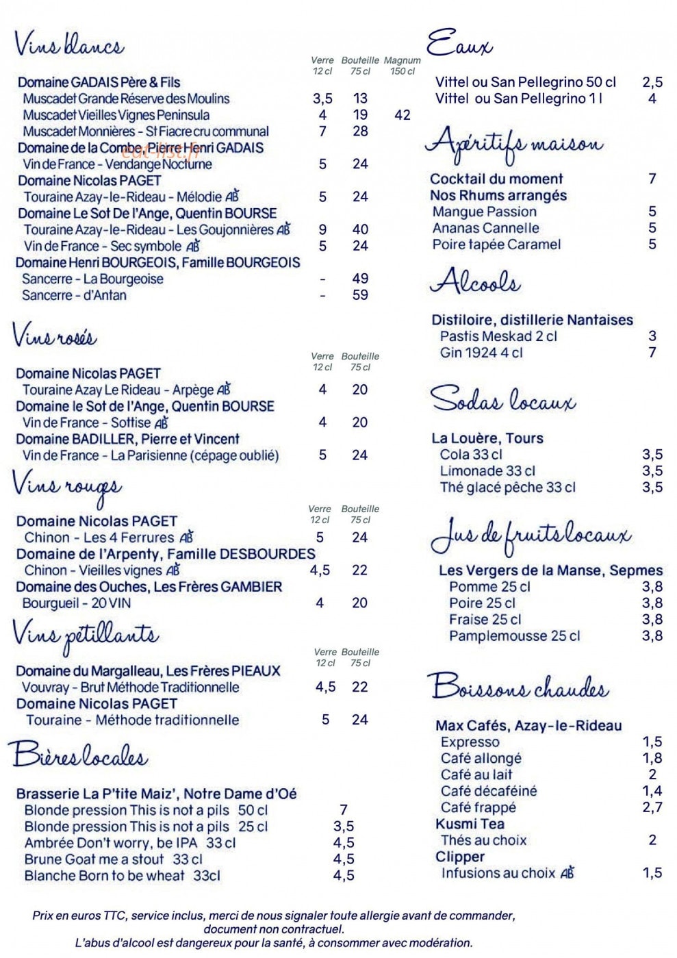 Carte et menu de Les Pêcheries Ligériennes à Brehemont — Vins, bières, eaux,...