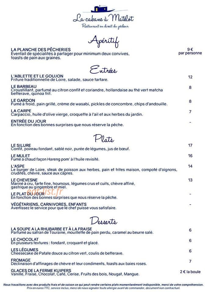 Carte et menu de Les Pêcheries Ligériennes à Brehemont — Apéritifs, entrées, plats,...