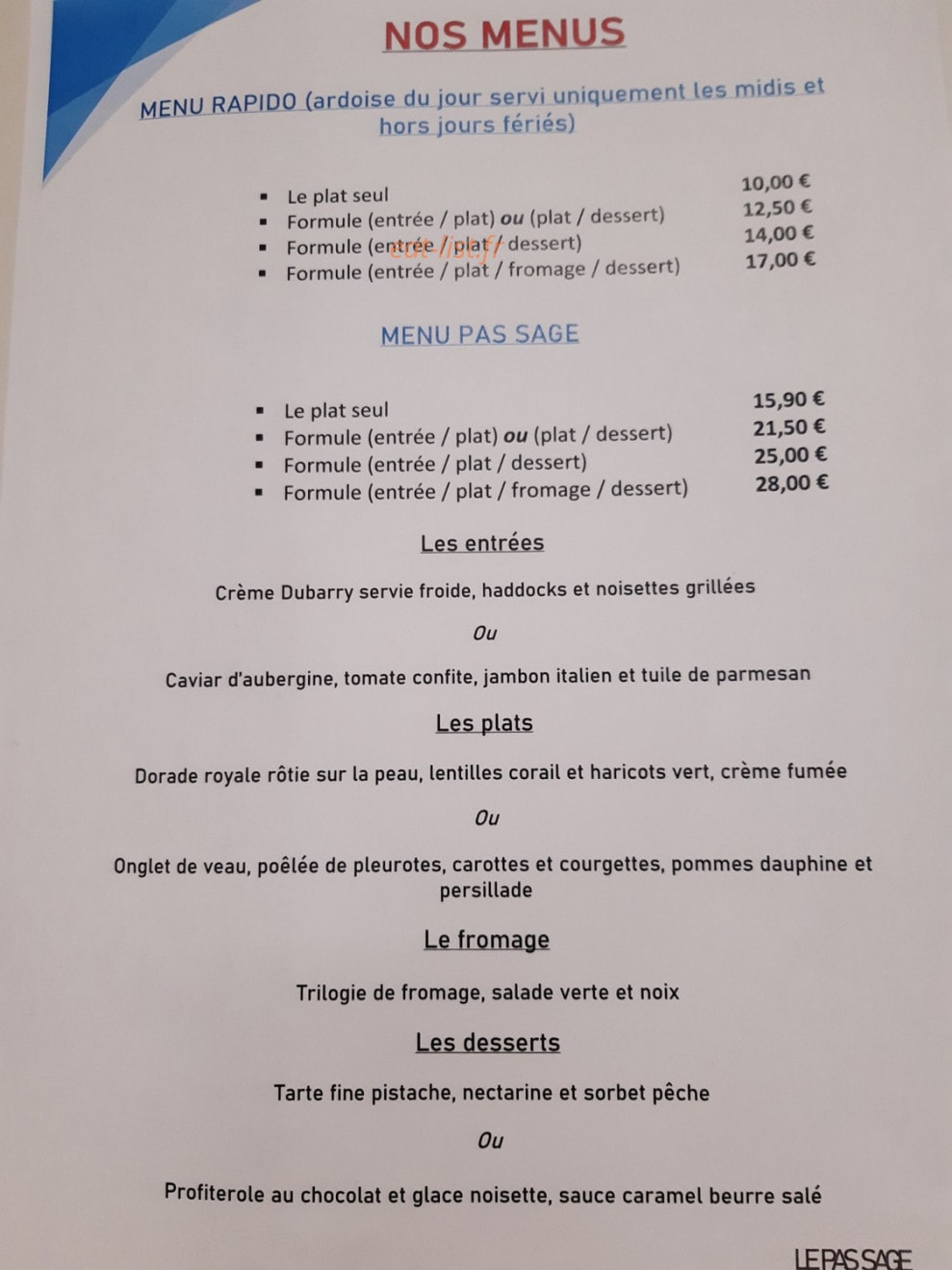 restaurant le pas sage — carte page 1