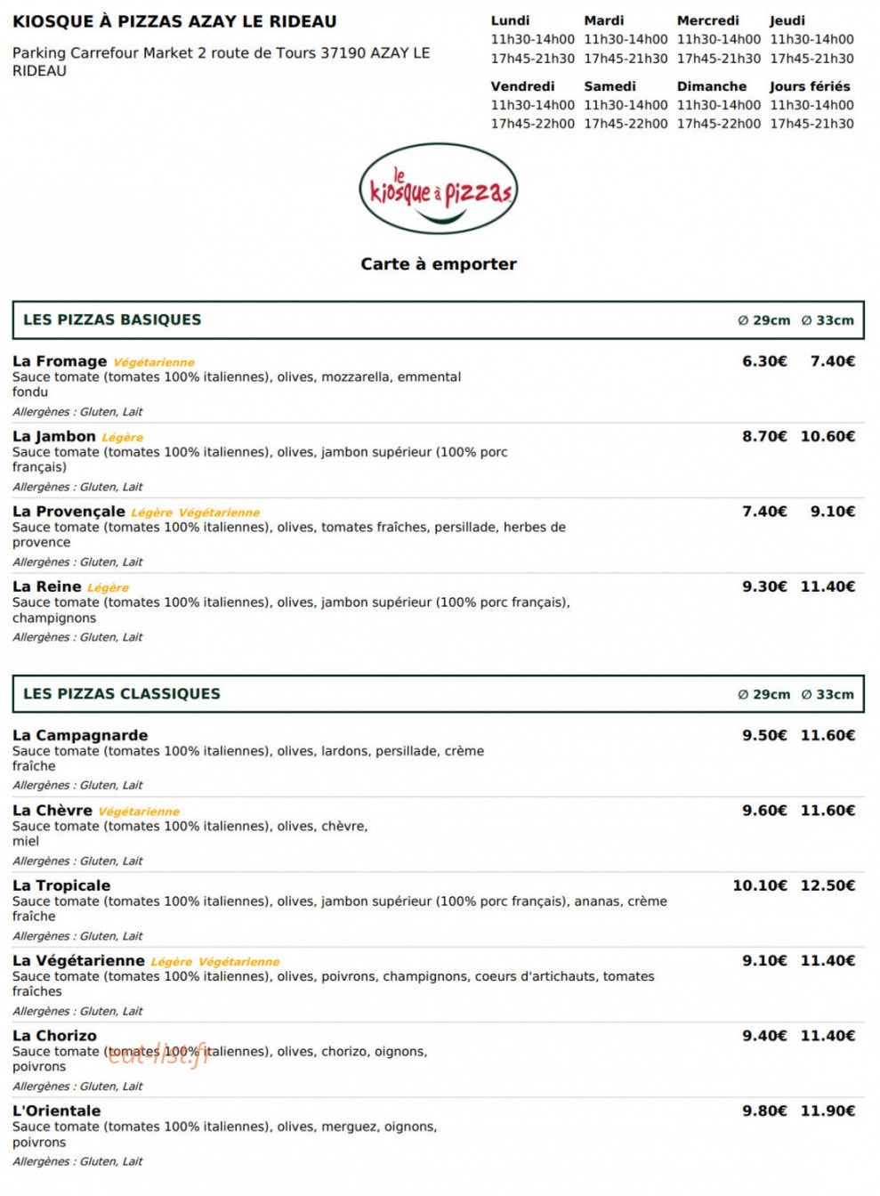 Le Kiosque à Pizzas — carte page 1