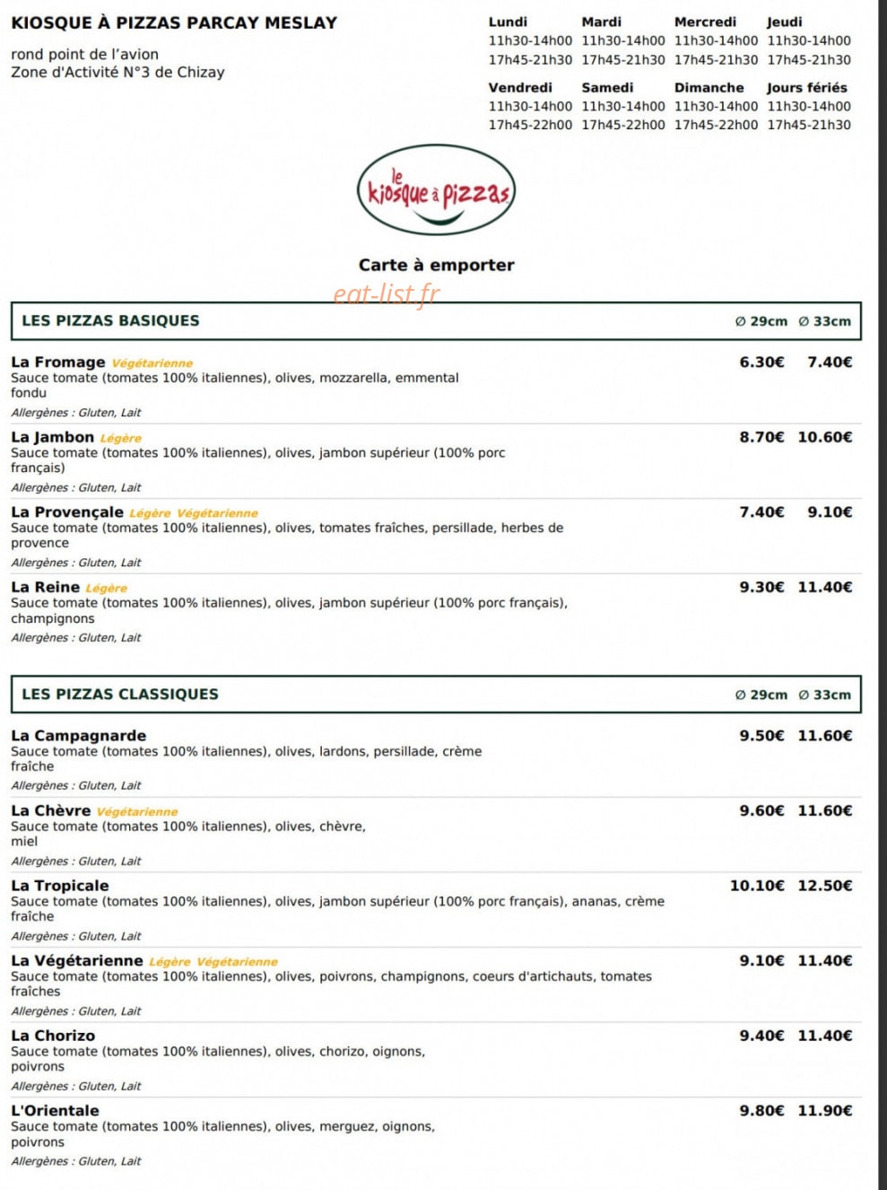 Le Kiosque à Pizzas — carte page 1
