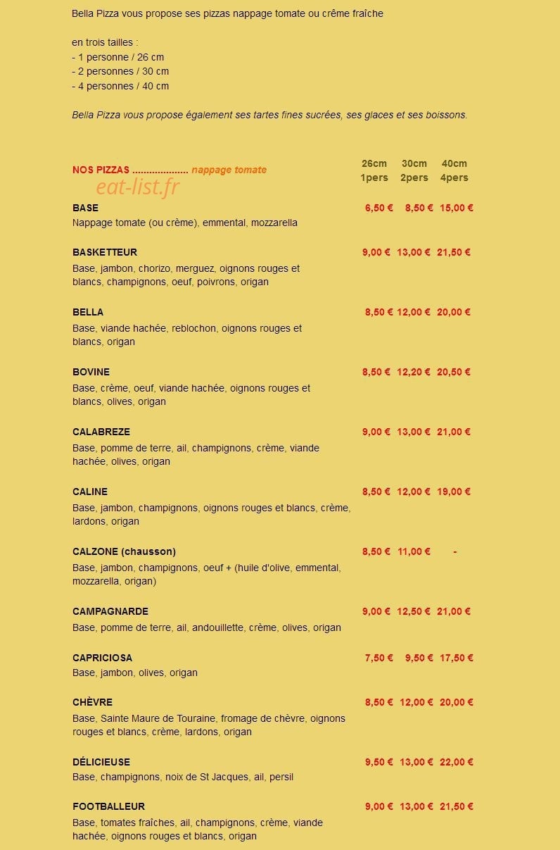 Bella Pizza — carte page 1
