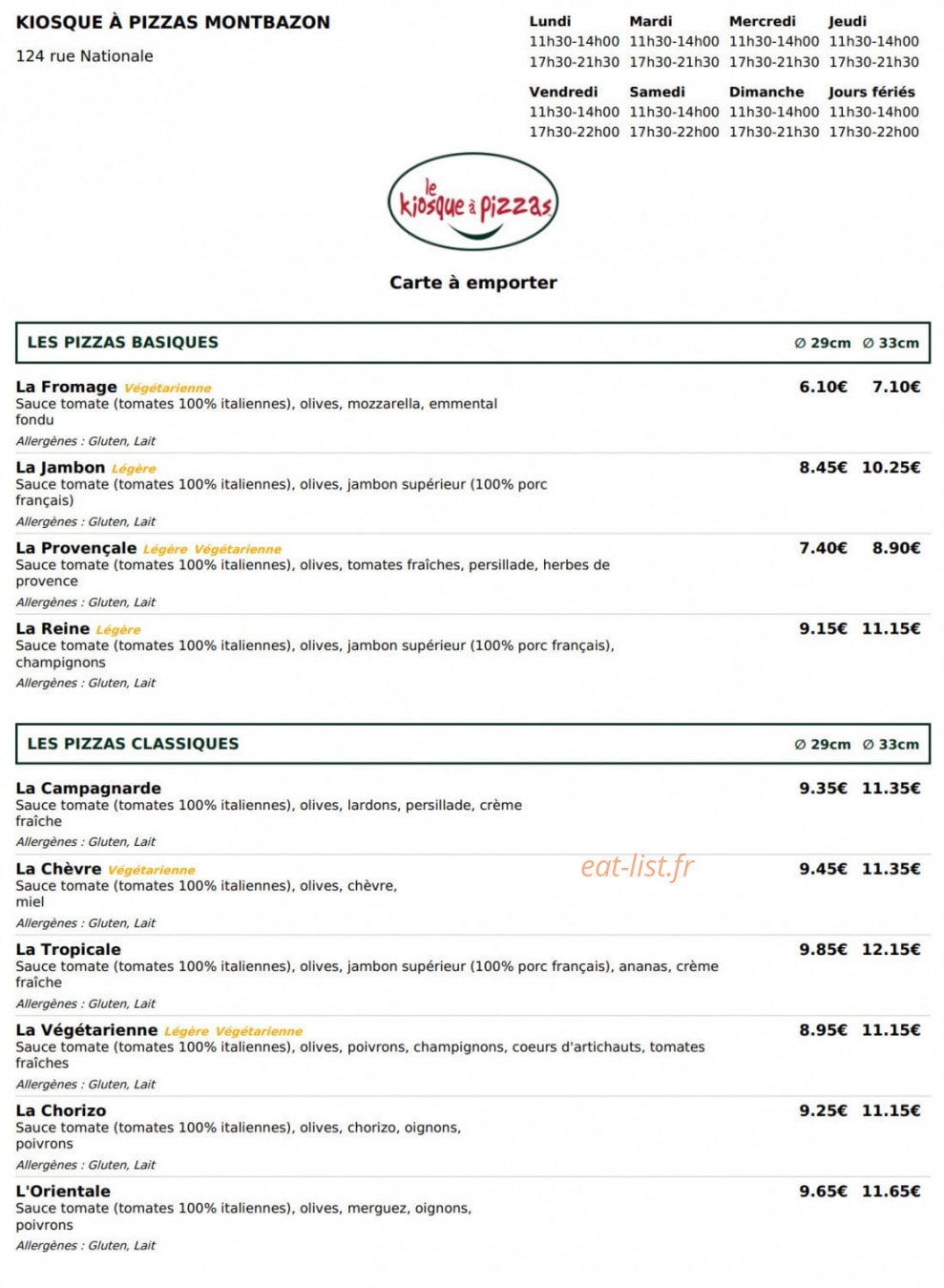 Le Kiosque à Pizzas — carte page 1