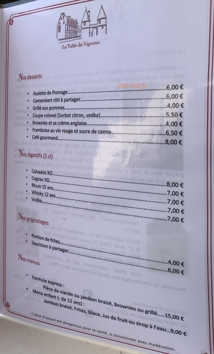 La Table du Vigneron — carte page 2
