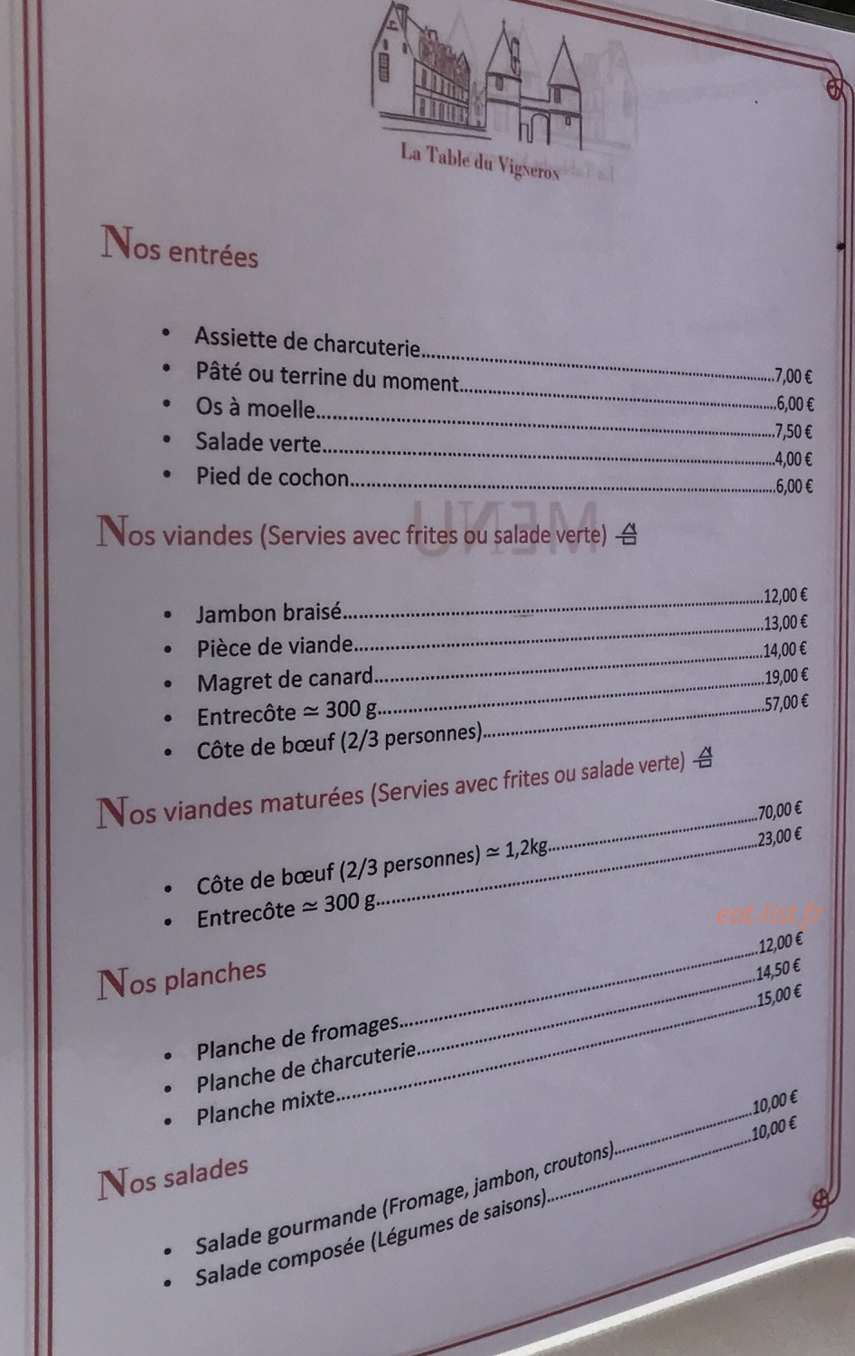 La Table du Vigneron — carte page 1