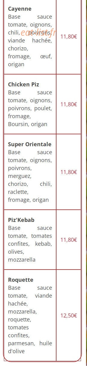 Mille et une pizzas — carte page 13