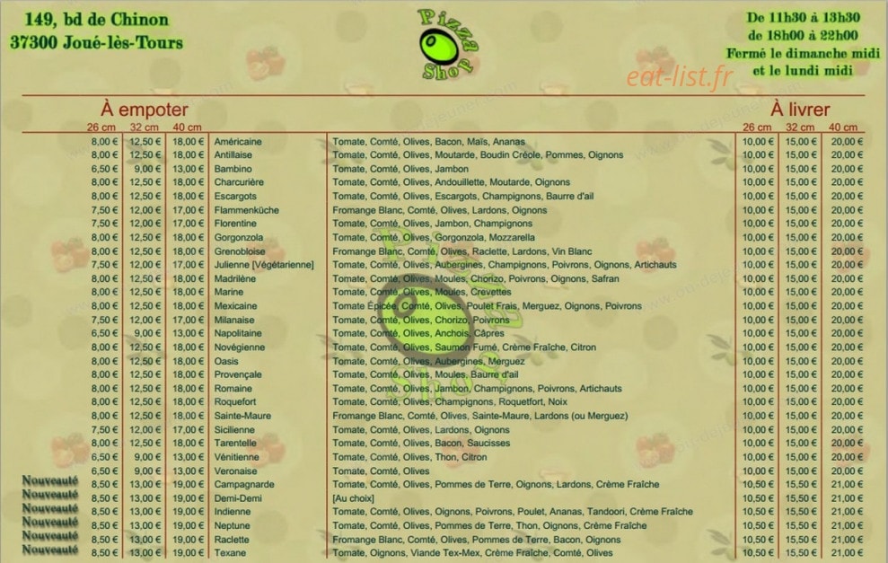 Pizza shop — carte page 1