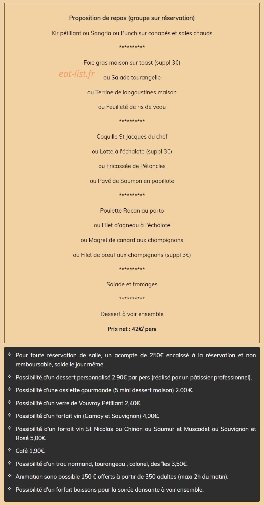Carte et menu de Auberge de l'escotais à Saint Paterne Racan — Le menu groupes à 42€