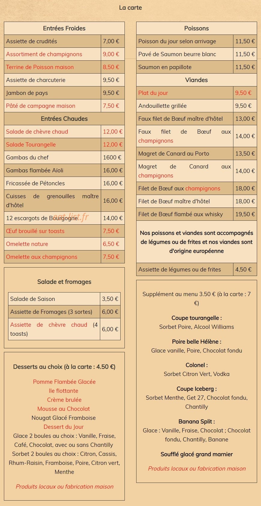 Carte et menu de Auberge de l'escotais à Saint Paterne Racan — Les plats à la carte