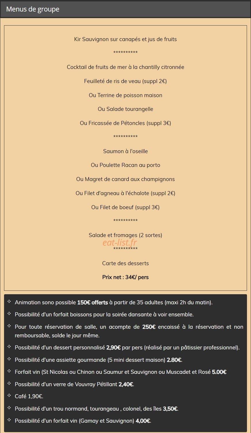 Carte et menu de Auberge de l'escotais à Saint Paterne Racan — Le menu groupes à 34€
