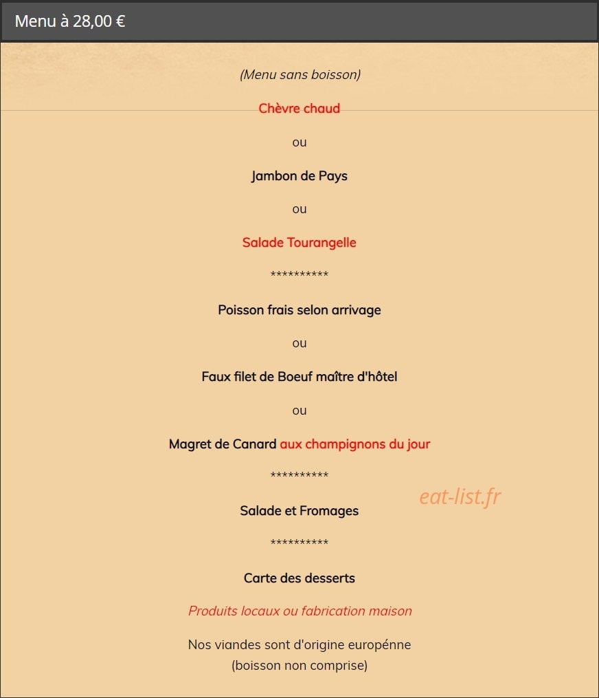 Carte et menu de Auberge de l'escotais à Saint Paterne Racan — Le menu à 28€