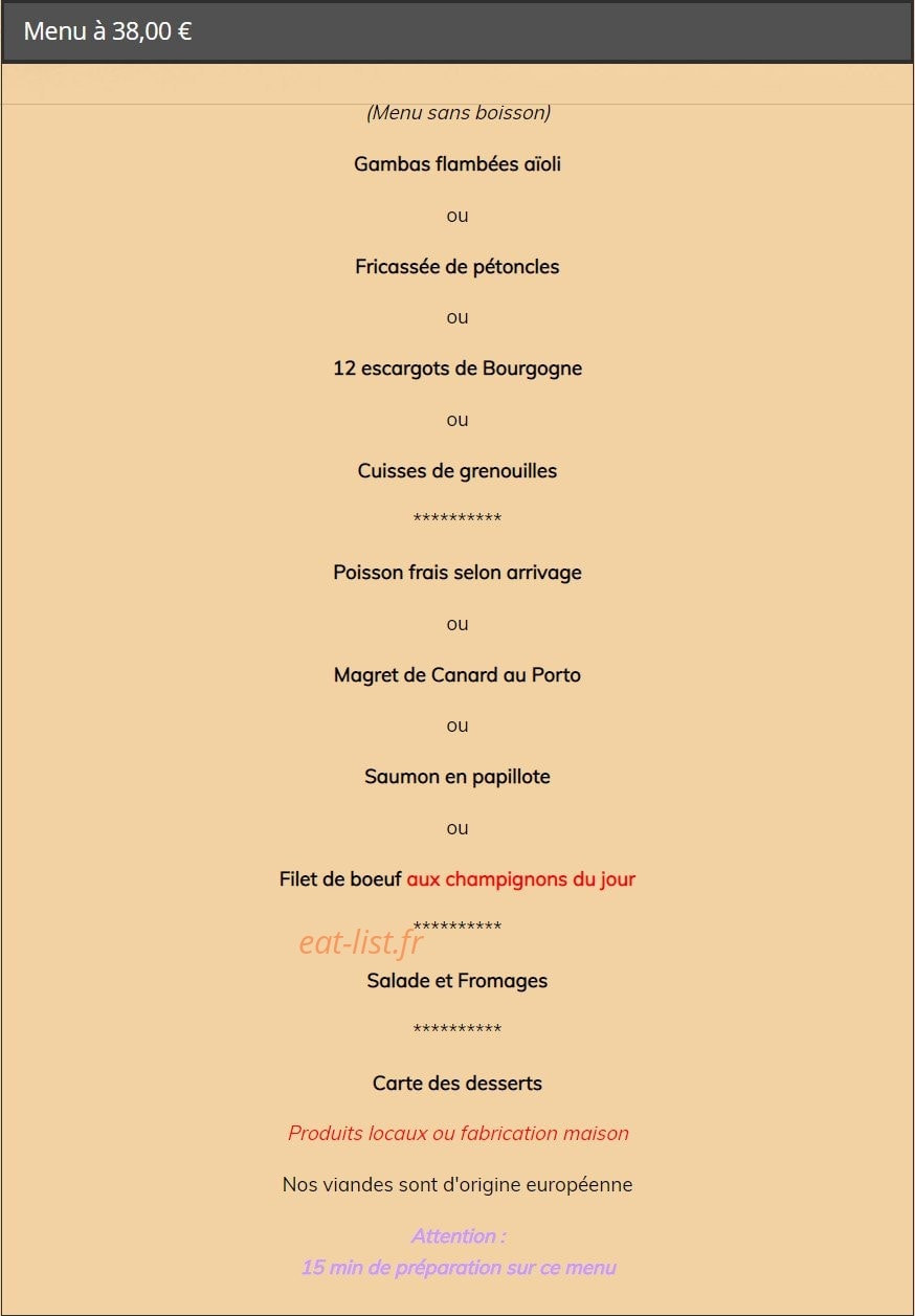 Carte et menu de Auberge de l'escotais à Saint Paterne Racan — Le menu à 38€